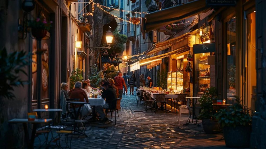 a charming evening scene in a quaint sorrento street, featuring couples dining at candlelit tables adorned with elegant table settings, while families enjoy gelato from vibrant local shops, all set against the warm glow of the mediterranean architecture.