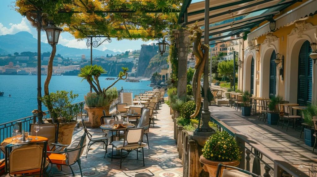 a stylish, sun-drenched terrace overlooking the vibrant coastal town of sorrento, adorned with inviting loungers and elegant table settings, perfectly capturing the essence of a luxurious summer getaway.