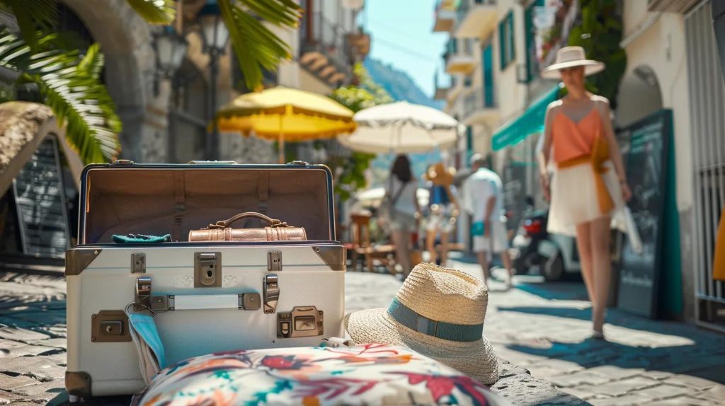 a stylishly arranged travel scene featuring a suitcase partially open with summer attire and travel essentials set against a chic urban backdrop of sorrento's vibrant streets, evoking a sense of excitement and preparation for a luxurious getaway.
