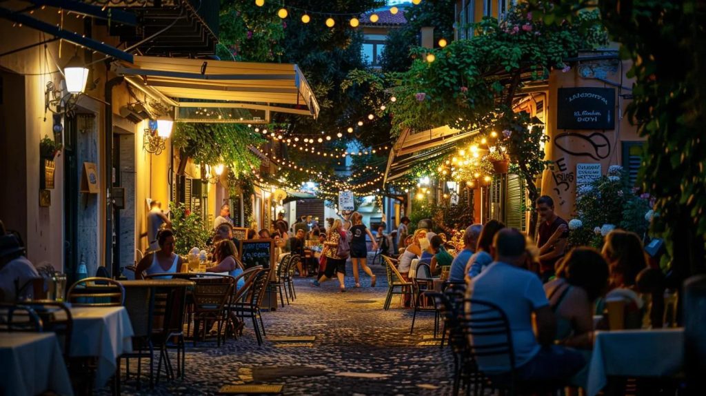 a vibrant evening scene in sorrento, showcasing bustling outdoor cafés filled with lively patrons under festoon lights, embodying the energetic atmosphere of summer evenings packed with festivals and social gatherings.