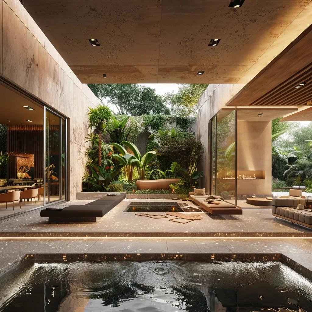 An exquisite interior view of Deck on Donalda's luxury villa, showcasing designer furnishings and a serene sunken garden lounge, embodying Palm Springs chic.