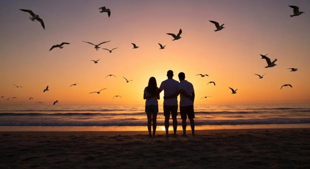 Silhuette of a family watching a dramatic sunset on the beach with seagulls flying in the sky