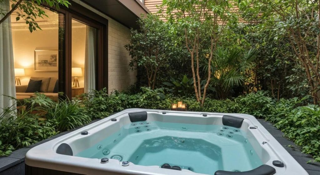 Private spa courtyard with hot tub and lush greenery enhancing luxury accommodation