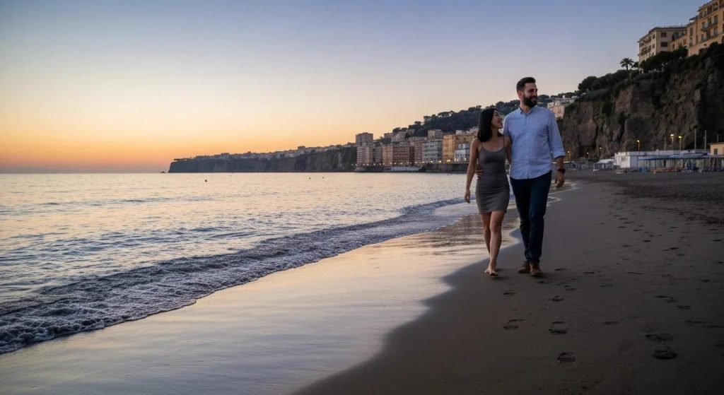 Couple enjoying a romantic beach walk at sunset in Sorrento
