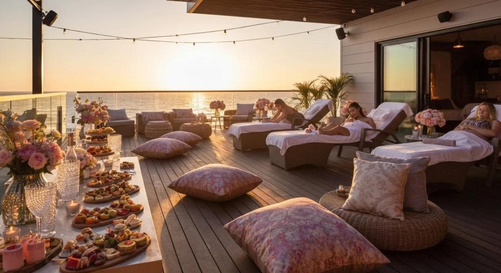 Luxurious hens party setup at The Deck on Donalda with elegant decor and spa