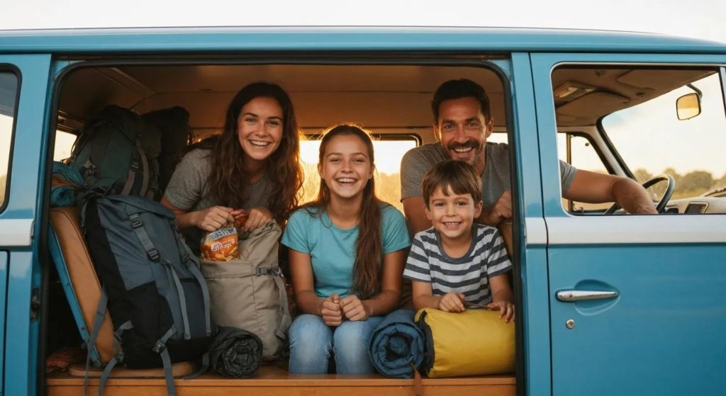 family all smiling inside the van, about to go to their weekend
