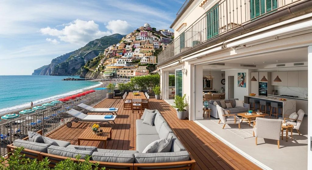 Luxurious self‑catering holiday home in Sorrento — beach view with wooden deck and family‑friendly spaces