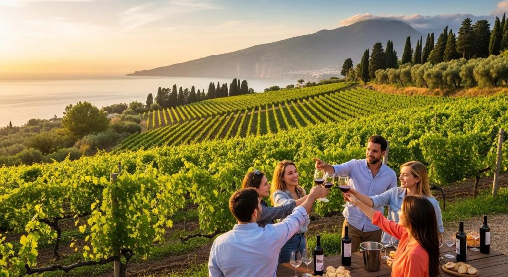 Group winery tour near Sorrento with scenic vineyard backdrop