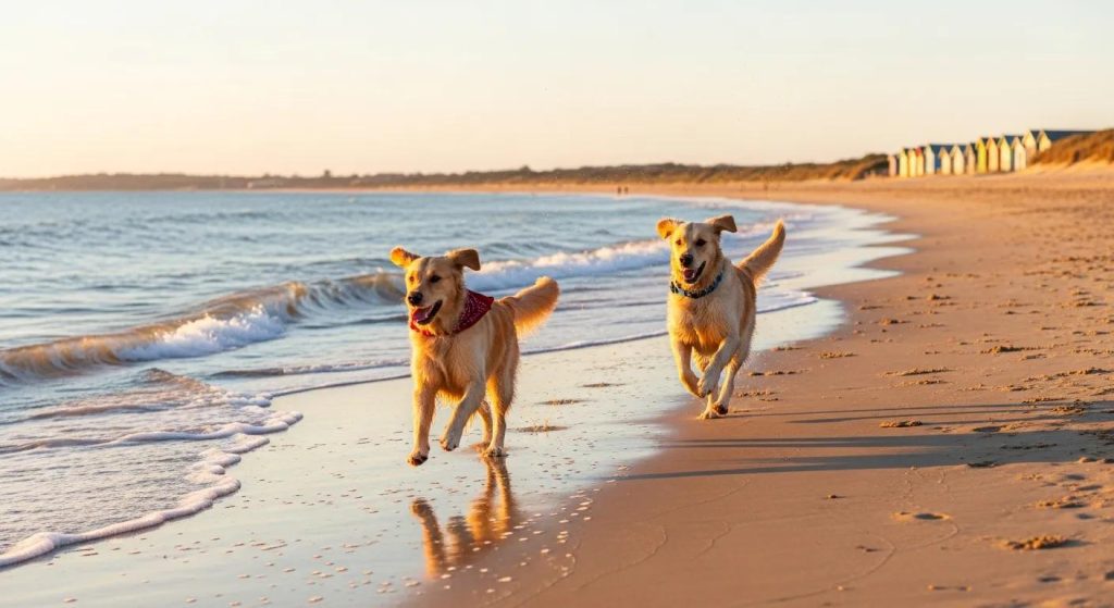Two dogs running along a Mornington Peninsula beach, capturing the relaxed joy of a pet-friendly holiday