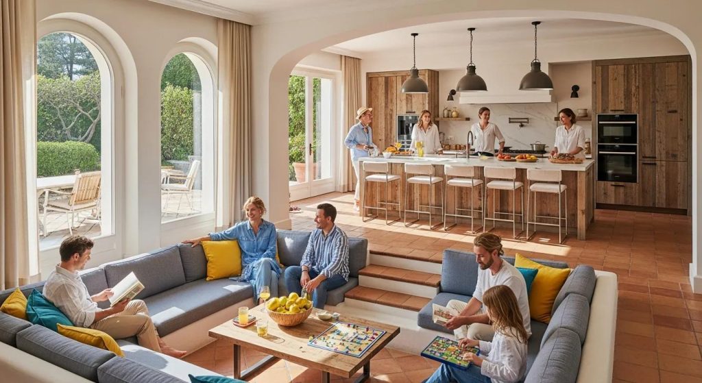 Family enjoying their holiday with interior of a Sorrento villa with sunken lounge and open kitchen designed for groups as background
