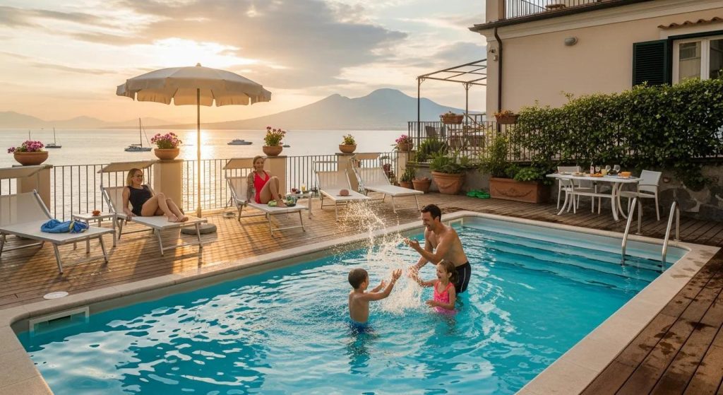 Family enjoying the private pool in wooden deck at a Sorrento villa — perfect for shared relaxation and play