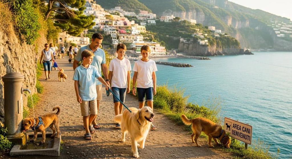Family walking their dog along a coastal trail in Sorrento, showing local pet-friendly activities
