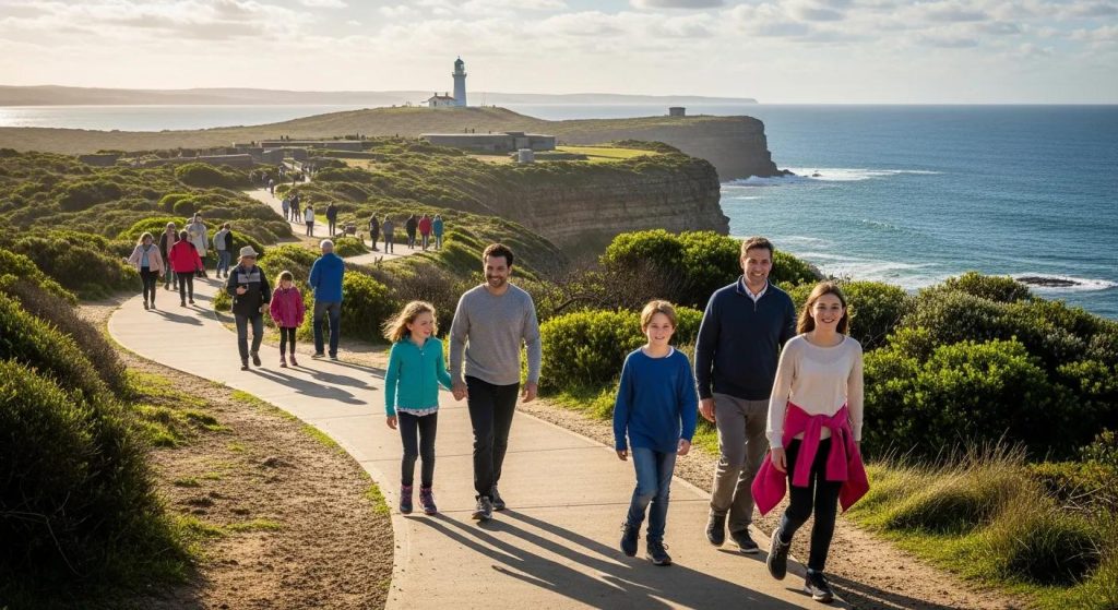 Families on short walks at Point Nepean National Park, enjoying headland views and historic sites