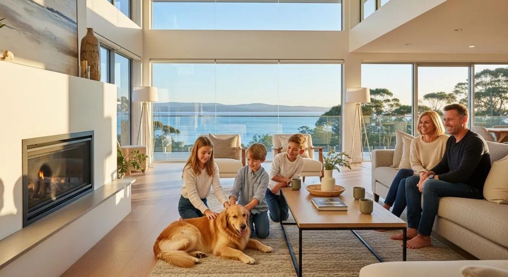 Family and dog relaxing at a luxury pet-friendly home in Sorrento, Victoria