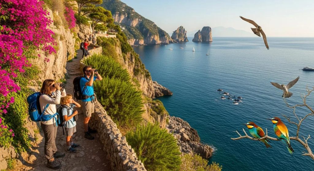 Hikers on a Sorrento coastal trail with cliffs and ocean views — excellent for wildlife spotting