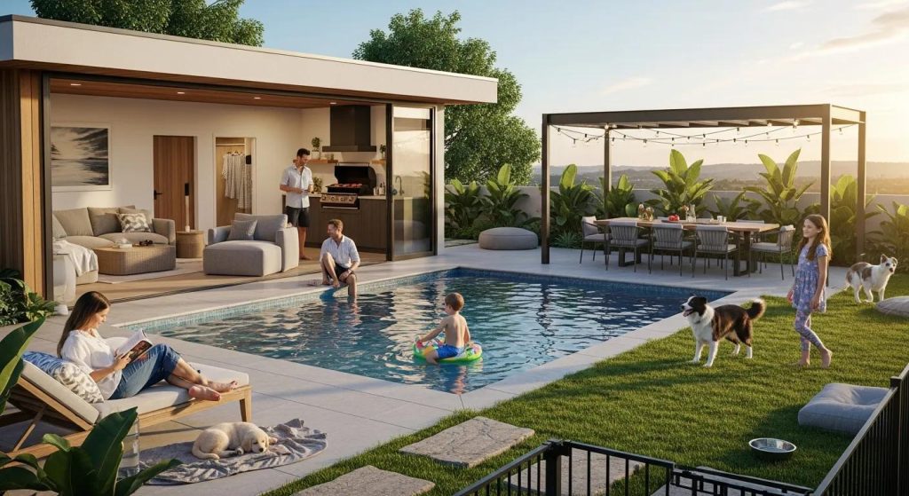 Pool house and outdoor living areas at The Deck on Donalda, showing family- and pet-friendly spaces