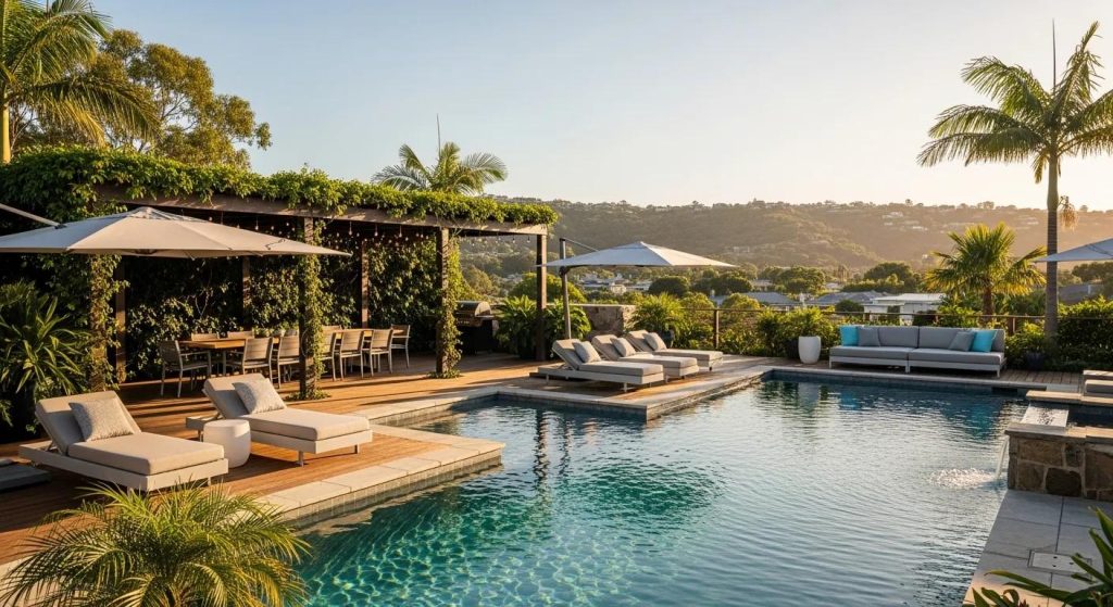 The Deck on Donalda outdoor entertaining area with pool and lounges — ideal for relaxation after activities