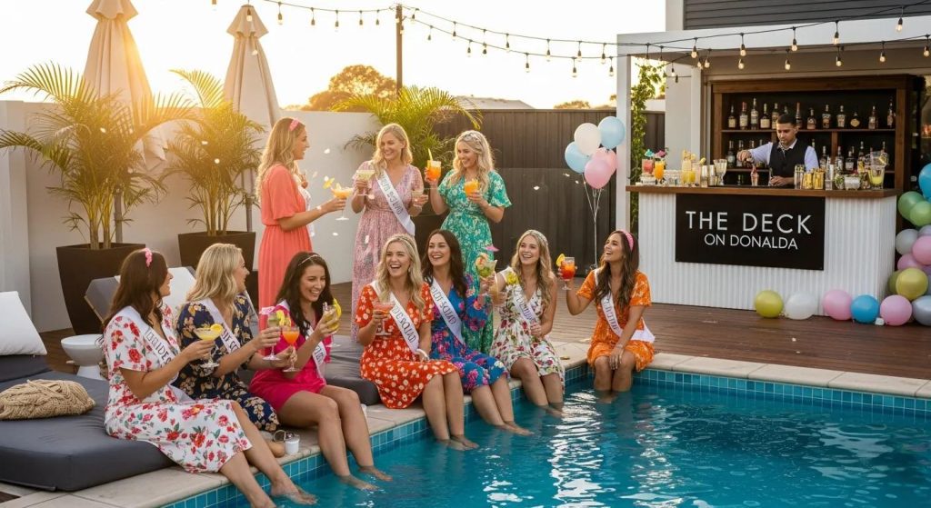 Hens party at the Deck on Donalda — friends enjoying cocktails by the pool