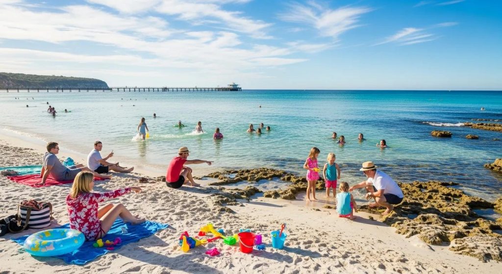 Family relaxing at Sorrento Beach — safe shallow swimming, rock pools and beach fun