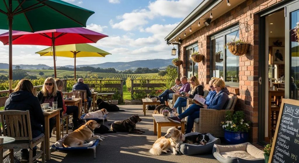 An outdoor café on the Mornington Peninsula with dog-friendly seating and relaxed guests