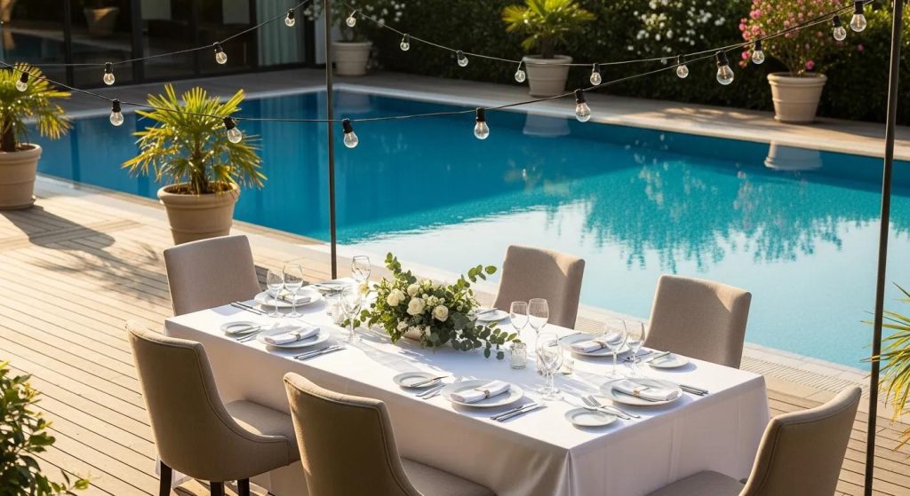 Deck on Donalda — elegant outdoor dining beside a pristine pool