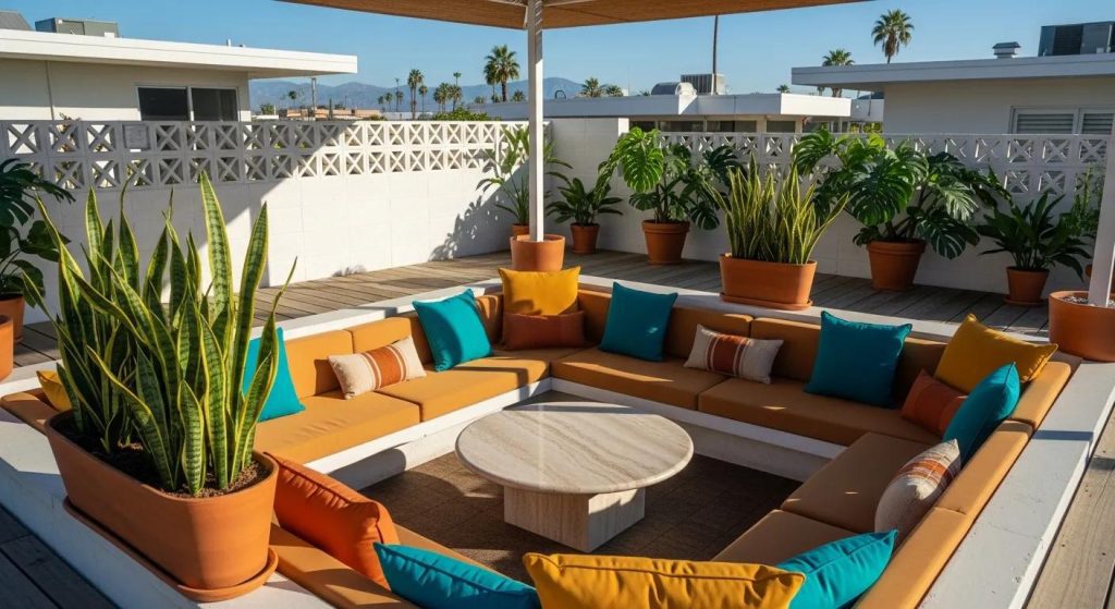Sunken lounge at the Deck on Donalda — Palm Springs-inspired seating and bold accents