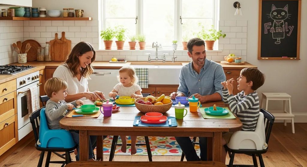 Cozy family kitchen with child-friendly dining setup and family enjoying it