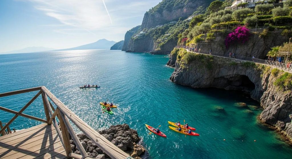 Sorrento coastline with kayakers and hikers — coastal adventure and panoramic view from wooden deck